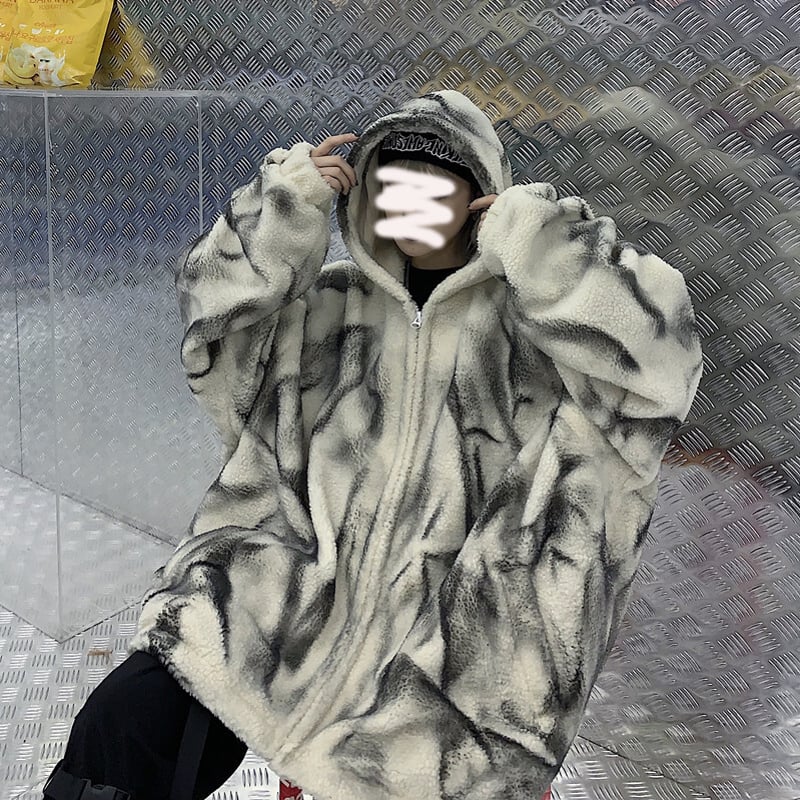 タイダイ柄 フード付き ボアジャケット ラムウール ジップアップ ボア