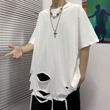 ユニセックス tシャツ ダメージ加工 半袖 オーバーサイズ カジュアル 韓国ファッション メンズ レディース ストリートファッション DTC-618883841543