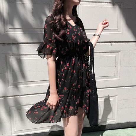レディース 花柄シフォンワンピース レトロ ハイウエスト フェミニン ガーリー 韓国ファッション (DCT-594879835987)