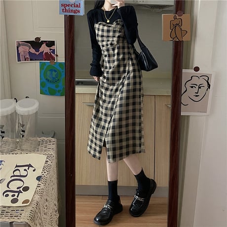 フェイクレイヤード チェック柄 スリットワンピース ハイウエスト ロング丈 レトロ 韓国ファッション レディース 大人可愛い ガーリー DTC-666716955708
