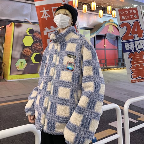 ユニセックス チェック柄 ボアジャケットもこもこ ラムウール ジップアップ 男女兼用 ショートコート ゆったり ボア カジュアル ストリート系 DTC-634195642983
