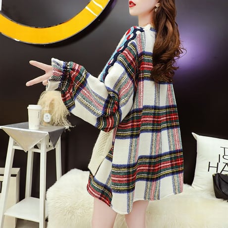 ドッキングトップス フェイクレイヤード ケーブル編み ニット ＋ チェック ネルシャツ 韓国ファッション レディース ラウンドネック 保温 大人カジュアル ガーリー DTC-628217939644