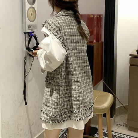 着回し力抜群 チェック柄 ベスト ツイード 韓国ファッション レディース 折襟 フリンジ ルーズ DTC-624390392508