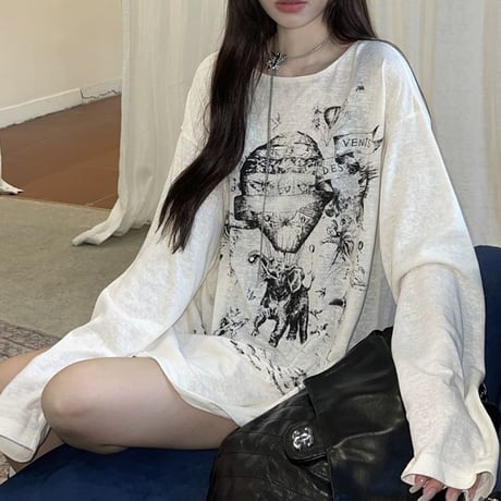 tシャツ 長袖 オーバーサイズ ドロップショルダー ロンt クルーネック トップス ルーズ レトロ 韓国ファッション レディース 大人可愛い ガーリー DTC-735331608484