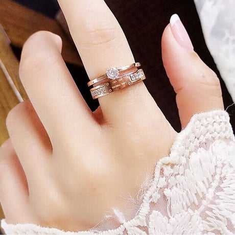 リング 指輪 金属アレルギー対応 2連リング CZ ローズゴールド アクセサリー シンプル チタンスチール316L DTC-571214294981