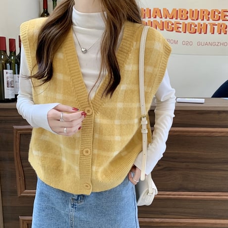 チェック柄 ニットベスト Vネック ゆったり 大きめ ルーズ カジュアル 韓国ファッション レディース 大人可愛い ガーリー DTC-654511723460