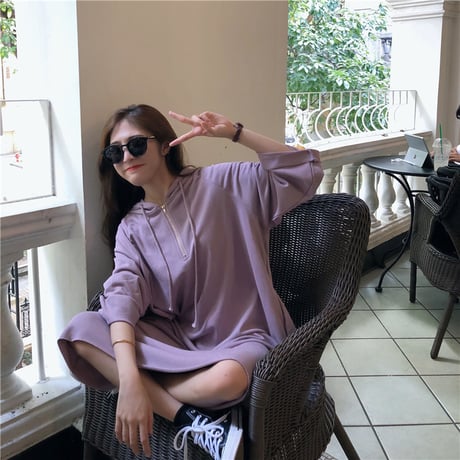 ロングパーカーワンピース 広い袖口 ハーフジップ フーディーワンピース 韓国ファッション レディース ワンピース ゆったり フード カジュアル ガーリー フェミニン DTC-625967210579