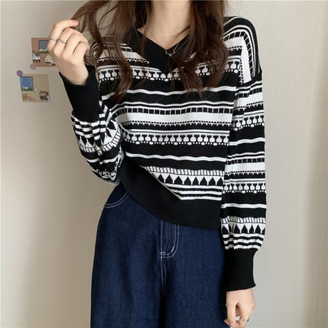 ニットセーター ジャカード Vネック ショート丈 長袖 ルーズ レトロ 韓国ファッション レディース 大人可愛い ガーリー DTC-658384210039