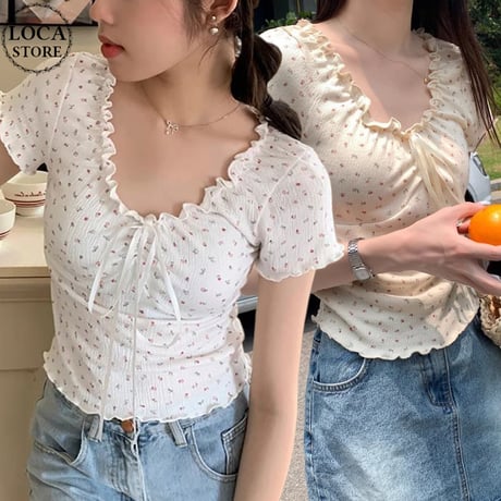 小花柄 ブラウス フリル リボン Tシャツ トップス ショート丈 スリムフィット レースアップ 半袖 レトロ 大人可愛い ガーリー カジュアル フェミニン DTCA-805742781968