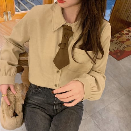 【3カラー】 ネクタイ付き ブラウス シャツ ポロカラー 長袖 ルーズ ゆったり レトロ 韓国ファッション レディース 大人可愛い ガーリー フェミニン カジュアル DTC-666006672660