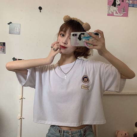 Tシャツ トップス ショート丈 五分袖 くまちゃん 韓国ファッション レディース ベアー ラウンドネック クルーネック 半袖 ガーリー カジュアル DTC-621732610073