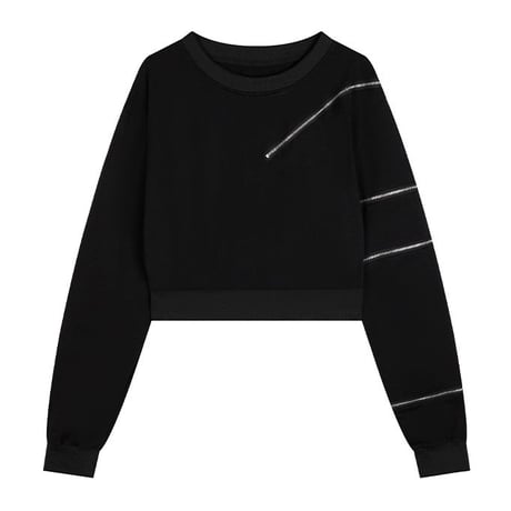 ショート丈 トップス ファスナー Tシャツ スリット オフショルダー トレーナー プルオーバー ルーズ ゆったり 長袖 韓国ファッション レディース カジュアル DTC-733212755331