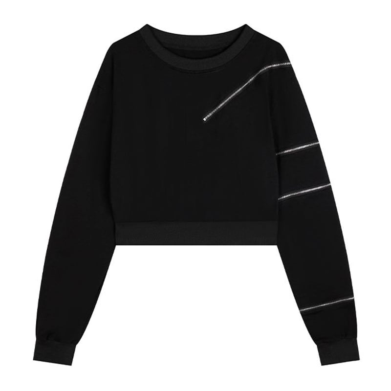 ショート丈 トップス ファスナー Tシャツ スリット オフ
