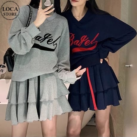 セットアップ 上下セット Vネック ロゴ トレーナー ティアードミニスカート スウェット フェイクツーピース 長袖 ルーズ レトロ 大人可愛い ガーリー カジュアル DTCA-827294825346