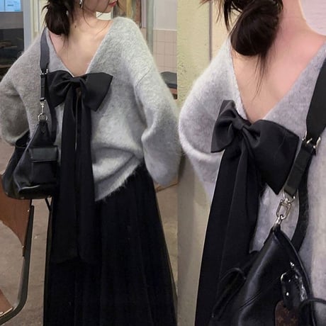 2カラー ニット バックコンシャス バックリボン オープンバック バックレス ルーズ 長袖 レトロ 韓国ファッション レディース 大人可愛い ガーリー DTCA-843523636210