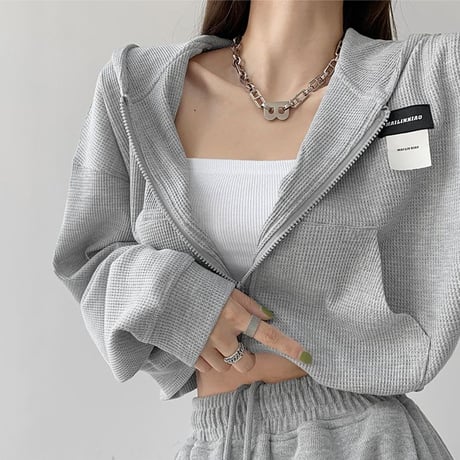 ジップアップ パーカー ショート丈 薄手 トップス ワッフル フーディー ロゴ ルーズ 長袖 レトロ 大人可愛い ガーリー カジュアル DTCA-687492803000