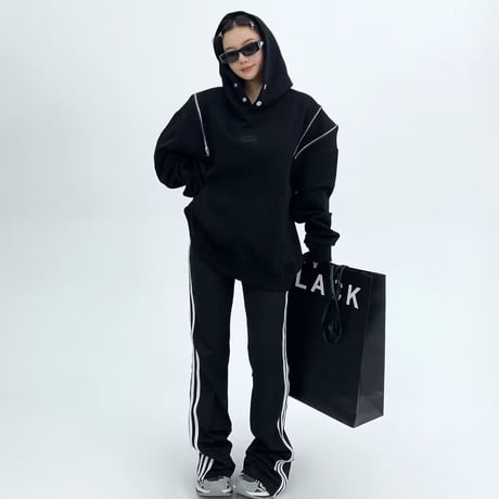 プルオーバー パーカー ショルダージップ ロゴ トップス フード付き スウェット オーバーサイズ ルーズ 長袖 大人可愛い ガーリー カジュアル DTCA-753307374245