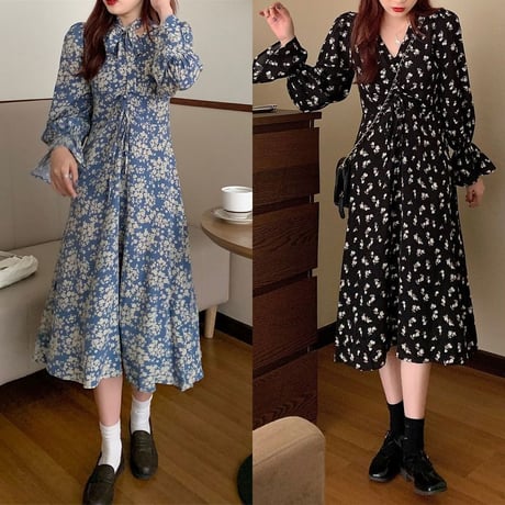 花柄 ワンピース Vネック 長袖 ロング丈  韓国ファッション レディース 大人可愛い ガーリー フェミニン DTC-626055147942