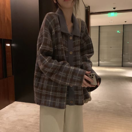 【アウター】 カーディガン チェック柄 保温 ベージュ パープル 長袖 韓国ファッション レディース POLO襟 シングルブレスト ゆったり レトロ かわいい ガーリー 609389060839