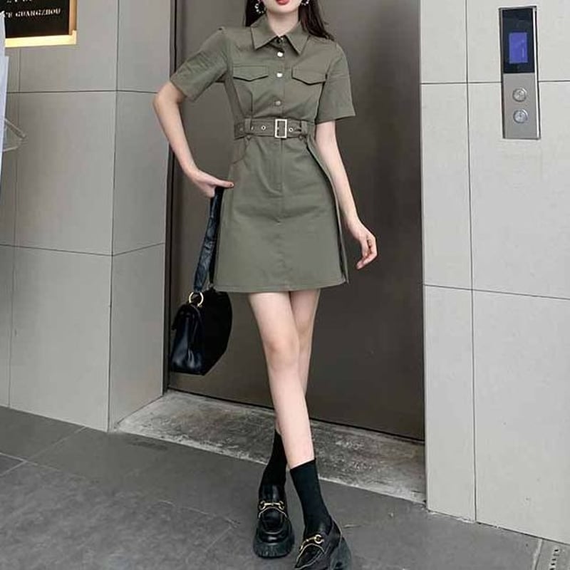 ミリタリー風 シャツワンピース 半袖 ミニワンピース ウエストマーク