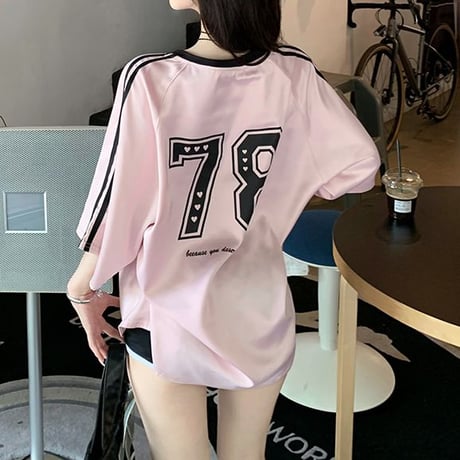 Tシャツ ユニフォーム風 サイドライン Vネック トップス 半袖 オーバーサイズ レトロ 韓国ファッション レディース 大人可愛い ガーリー スポーツミックス DTC-812444710826