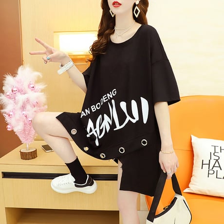 不規則デザイン Tシャツ 英字プリント ラウンドネック スリット 半袖 韓国ファッション レディース トップス ガーリー カジュアル ストリートファッション DTC-643528969619