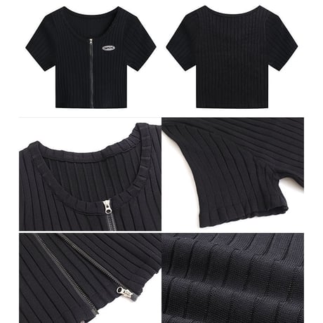 半袖 リブニット クロップド丈 フロントジップ カットソー 韓国ファッション レディース トップス ショート丈 ジップアップ 大人可愛い ガーリー カジュアル DTC-639071170780