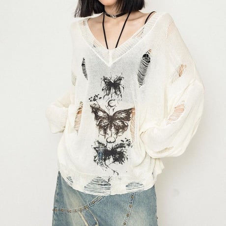 ダメージニット バタフライ グラフィティ プリント 薄手 Vネック ダメージ加工 ニット トップス ゆったり 長袖 レトロ 大人可愛い ガーリー カジュアル DTCA-922603817995