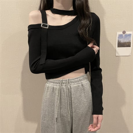 ワンショルダー tシャツ ニット トップス カットソー オフショルダー 肩だし 肩見せ 肩開き 長袖 レトロ 韓国ファッション レディース 大人可愛い ガーリー DTC-652525181958
