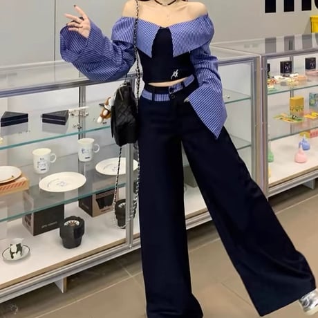 セットアップ 上下セット ストライプ柄 トップス ワイドパンツ 2way Vネック オフショルダー ブラウス ボトムス 長袖 レトロ 大人可愛い ガーリー DTCA-886455915338