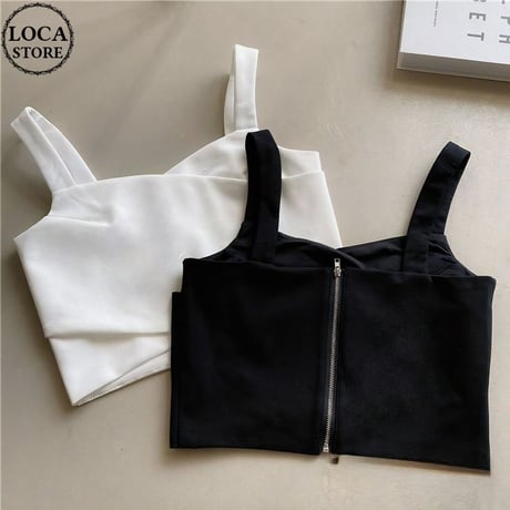 前後2way タンクトップ キャミソール トップス チャック ジップアップ クロップド丈 へそ出し レトロ 韓国ファッション レディース 大人可愛い ガーリー DTC-718520459589