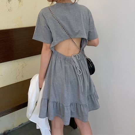 オープンバック ワンピース 背中あき 薄手 Tシャツ＋フリルスカート 半袖 韓国ファッション レディース バックレス 大人可愛い ガーリー フェミニン DTC-615537051967