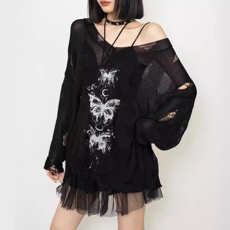 ダメージニット バタフライ グラフィティ プリント 薄手 Vネック ダメージ加工 ニット トップス ゆったり 長袖 レトロ 大人可愛い ガーリー カジュアル DTCA-922603817995