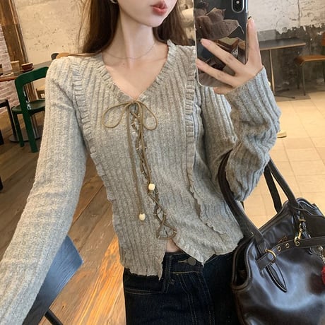 ニット トップス レースアップ Vネック スリムフィット 長袖 レトロ 韓国ファッション レディース 大人可愛い ガーリー DTCA-849831573602