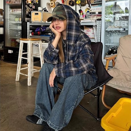フード付き チェックシャツ ヴィンテージ風 チェック柄 フーディー ゆったり ルーズ 長袖 レトロ 大人可愛い ガーリー カジュアル ストリート女子 DTCA-866479583918