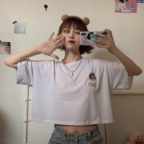 Tシャツ トップス ショート丈 五分袖 くまちゃん 韓国ファッション レディース ベアー ラウンドネック クルーネック 半袖 ガーリー カジュアル DTC-621732610073