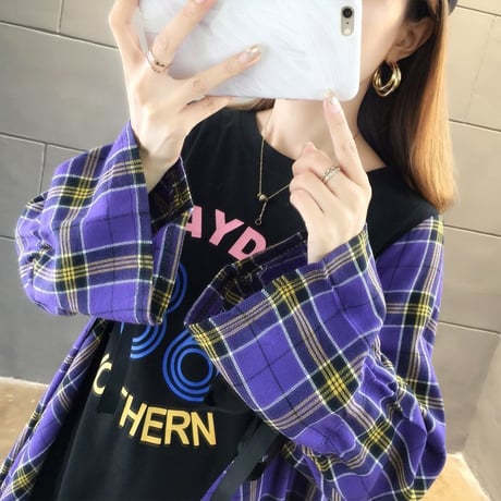 フェイクレイヤード ドッキング ワンピース チュニック チェック×Tシャツ 長袖 韓国ファッション レディース ラウンドネック ランタンスリーブ (DTC-604223705546)