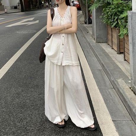 セットアップ 2点セット ノースリーブ シャツ ワイドパンツ ルーズ トップス モップパンツ レトロ 韓国ファッション レディース 大人可愛い ガーリー DTC-798283919671