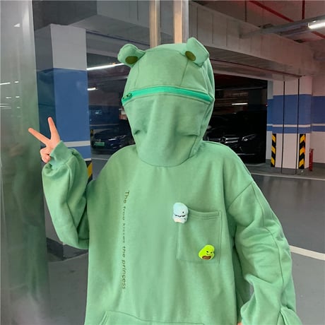 カエル パーカー プルオーバー フード ジップアップ ルーズ 韓国ファッション レディース ゆったり 防寒 カジュアル ストリートファッション DTC-627599529531