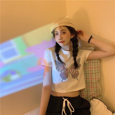 バタフライ Tシャツ クロップド丈 蝶 カットソー トップス 半袖 ショート丈 かわいい カジュアル 韓国ファッション レディース 大人可愛い ガーリー DTC-615322969295