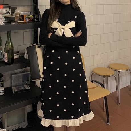 キャミワンピース ドット柄 リボン ハイウエスト スリングワンピース ロング丈 ノースリーブ レトロ 韓国ファッション レディース 大人可愛い ガーリー フェミニン DTC-664007227601