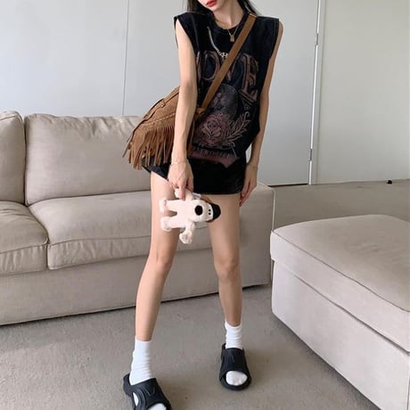 チェーンデザイン タンクトップ ダメージ加工 ウォッシュ加工 ヴィンテージ風 ノースリーブ tシャツ トップス オーバーサイズ レトロ カジュアル ストリート女子 DTCA-795943873261