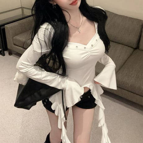 不規則 フリル Tシャツ ベルトデザイン スリムフィット スクエアネック ロンT トップス カットソー 長袖 レトロ 大人可愛い ガーリー DTCA-835755256954