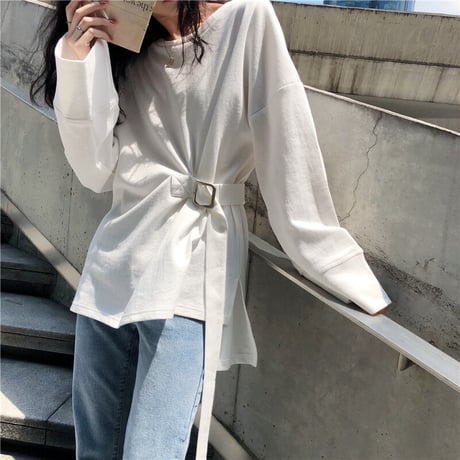 不規則デザイン Tシャツ 前後丈違い ウエスト絞り 裾スリット ラウンドネック 長袖 韓国ファッション レディース トップス 大人可愛い ガーリー DTC-652883756772