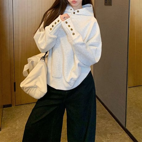 プルオーバー パーカー 首元ボタン 袖ボタン フード付き スウェット トップス ルーズ 長袖 レトロ 韓国ファッション レディース 大人可愛い ガーリー カジュアル DTC-832431795217