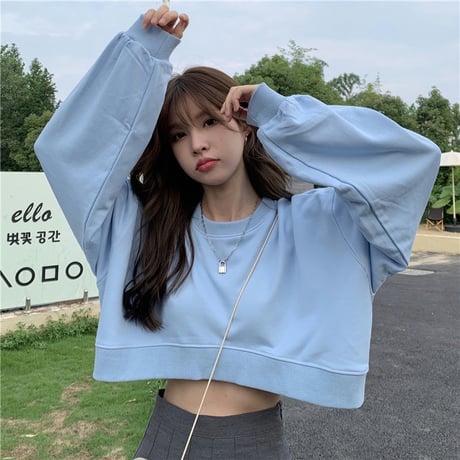クロップド丈 トレーナー 薄手 ドロップショルダー ゆったり プルオーバー 長袖 ショート丈 レトロ 韓国ファッション レディース 大人可愛い ガーリー カジュアル DTC-656440978189