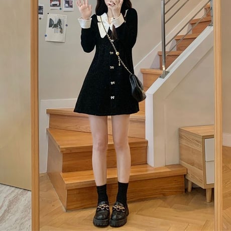 襟付きワンピース リボン ビジュー 大きい襟 ハイウエスト 長袖 Aライン レトロ ワンピース 韓国ファッション レディース 大人可愛い ガーリー フェミニン DTC-662241012829
