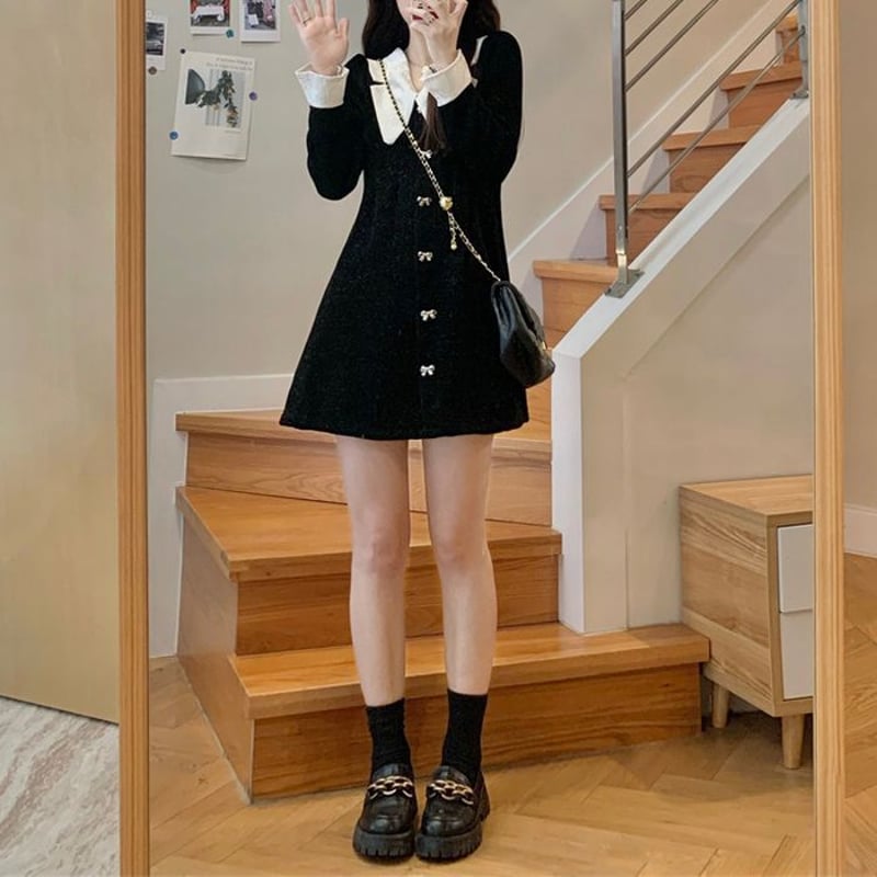 襟付きワンピース リボン ビジュー 大きい襟 ハイウエスト 長袖 襟付きワンピース リボン ビジュー 大きい襟 ハイウエスト 長袖