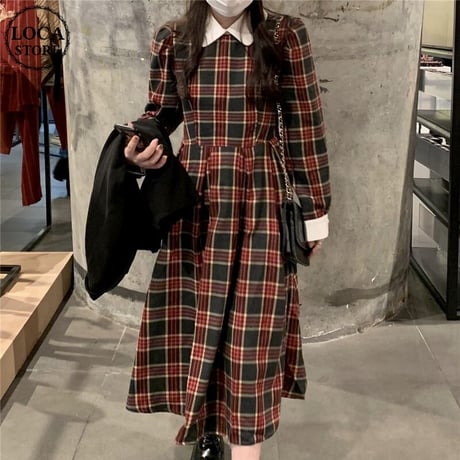 チェック柄 襟付き ワンピース 配色 ハイウエスト ロング丈 長袖 レトロ 韓国ファッション レディース 大人可愛い ガーリー DTC-661189634052