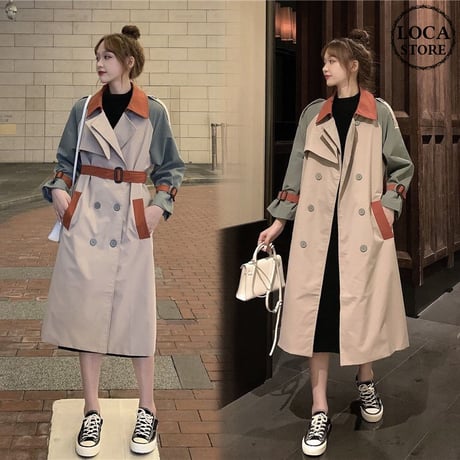 ロングコート バイカラー ベルト付き 袖ベルト 韓国ファッション レディース トレンチコート ダブルブレスト カジュアル 長袖 ゆったり 大人可愛い ガーリー DTC-627252394911